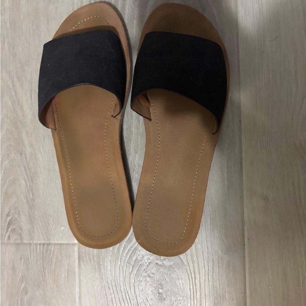 Black Slide Sandals with Tan Footbed - Womens